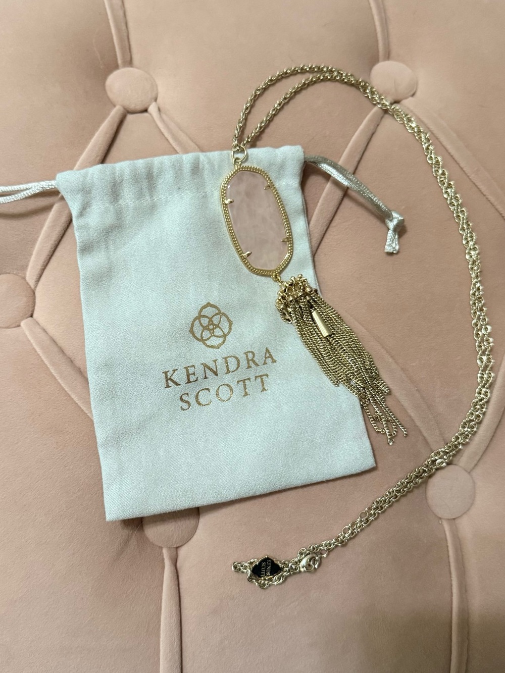 Kendra Scott Rayne long tassel necklace light pink and yellow gold
